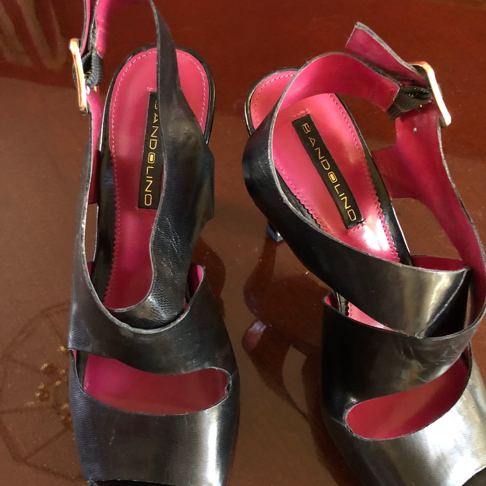 Black sling back high heeled leather dress sandals